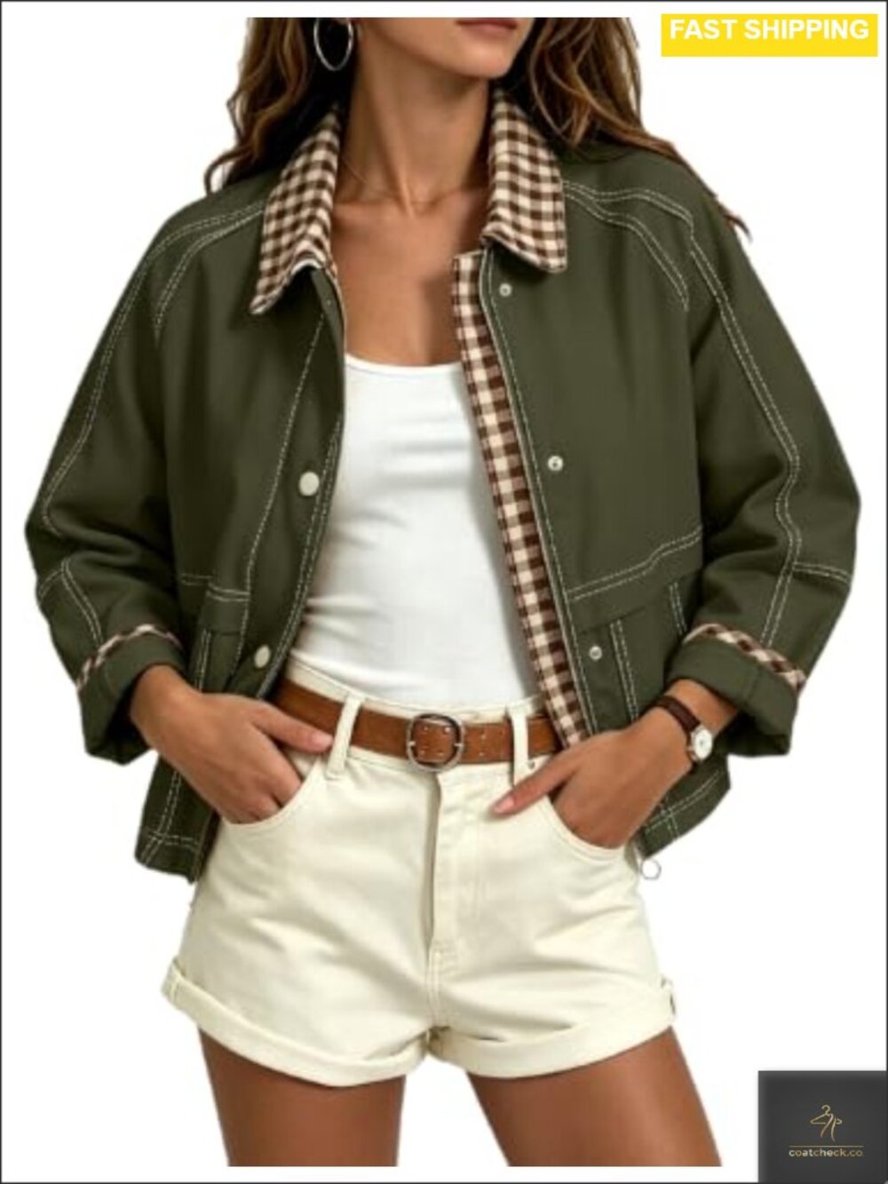 Women's Cropped Plaid Barn Jacket Lightweight Bomber Coat Zip